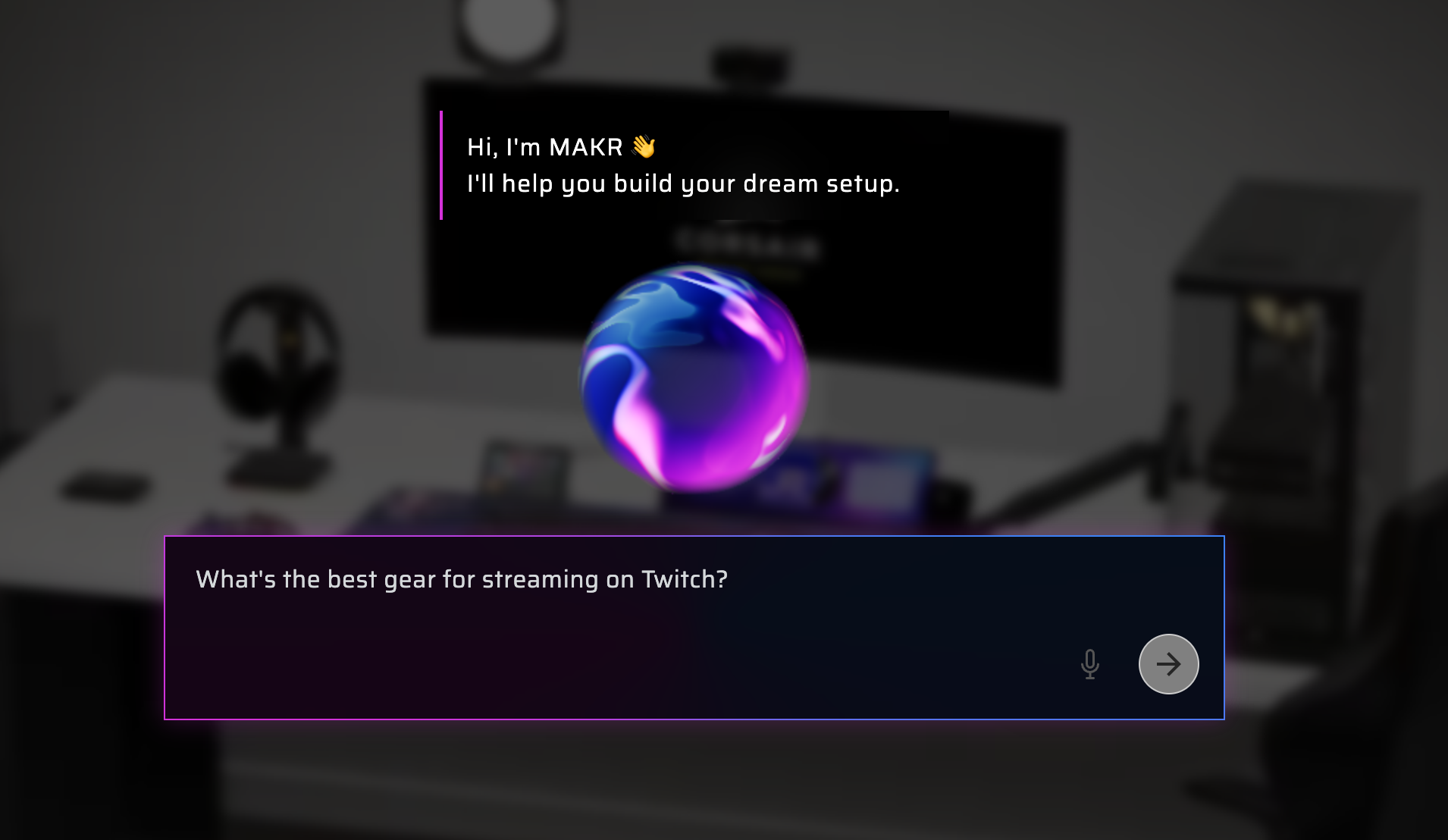 Corsair Atelier with a desk scene loaded and the MAKR AI chat panel open, showing the greeting message and text input