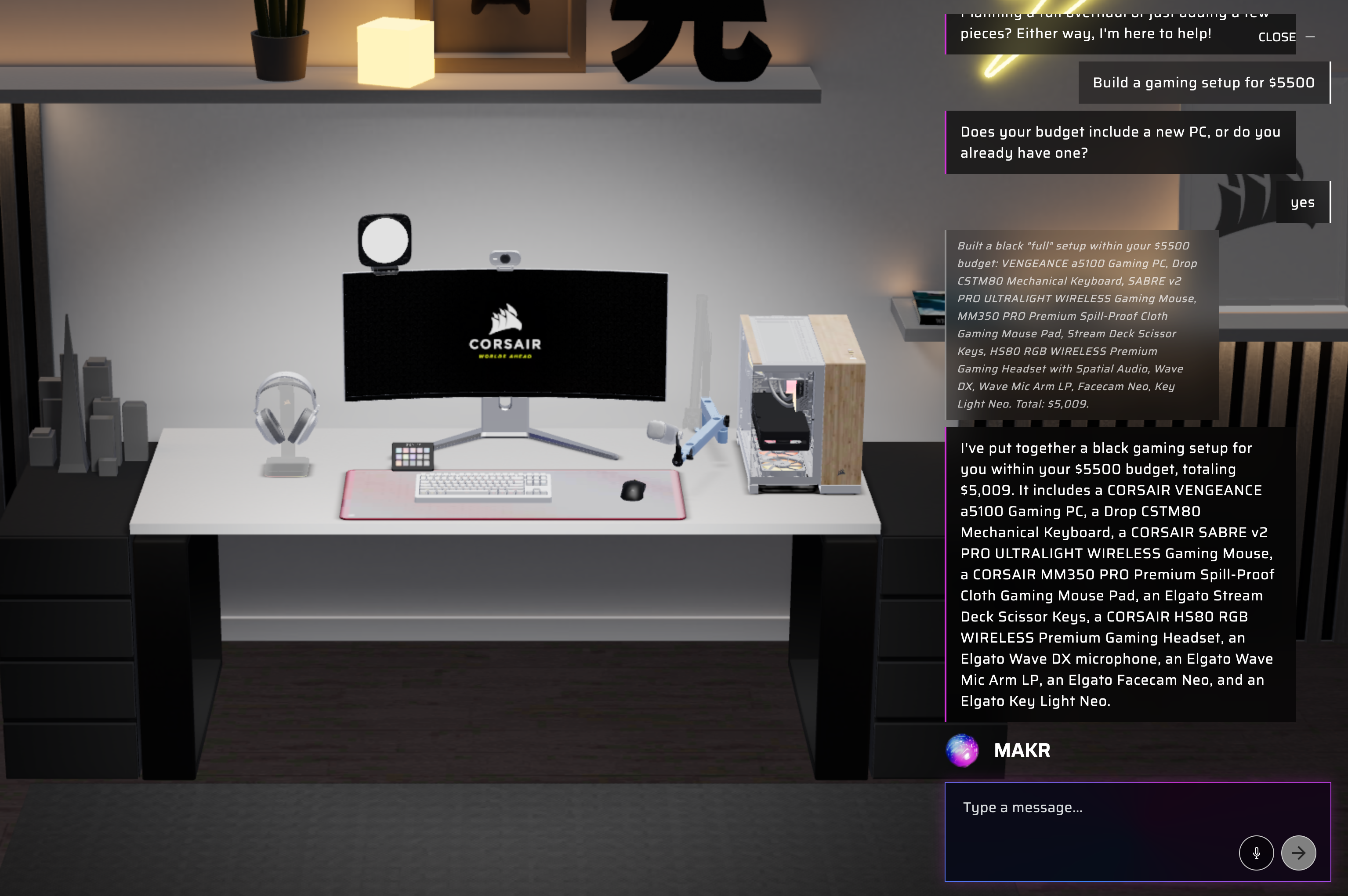 Complete desk setup built by MAKR within a $5,500 budget showing a gaming PC, keyboard, mouse, headset, microphone, camera, and key light in the 3D scene