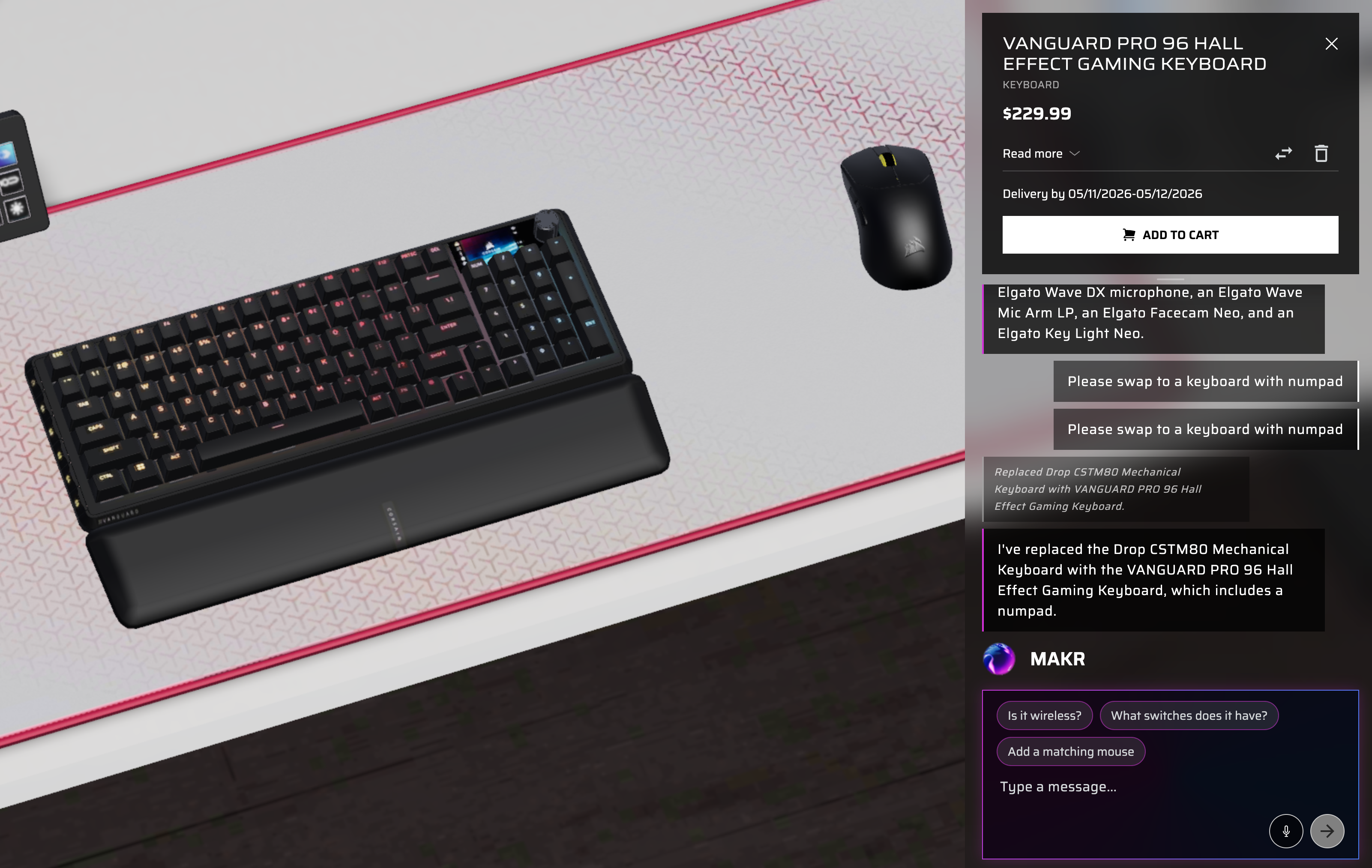 MAKR swapping a keyboard after the user requests one with a numpad, showing the new VANGUARD PRO 96 Hall Effect Gaming Keyboard in the product detail panel