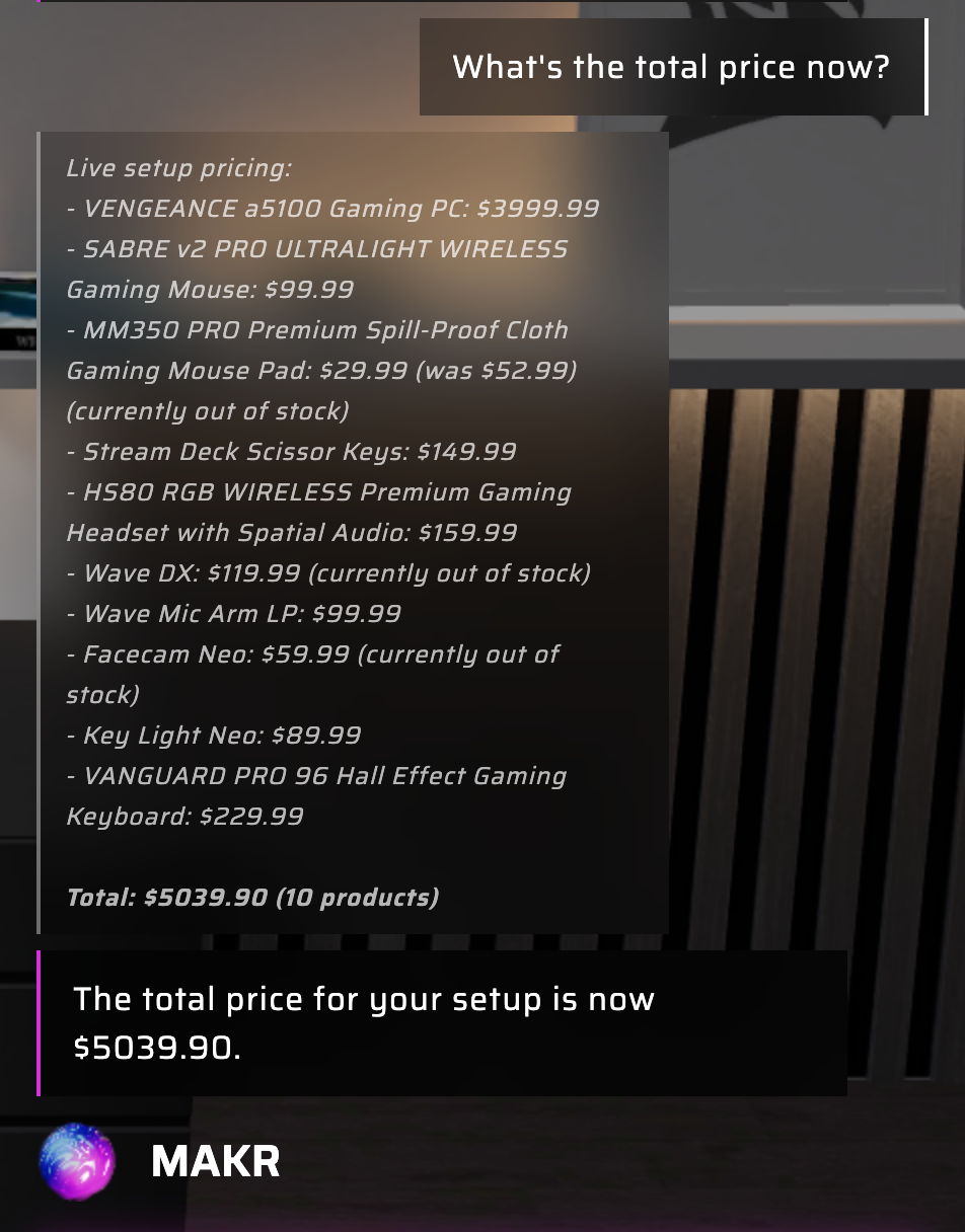 MAKR showing a live pricing breakdown of all products in the setup with individual prices and a total of $5,039.90 for 10 products