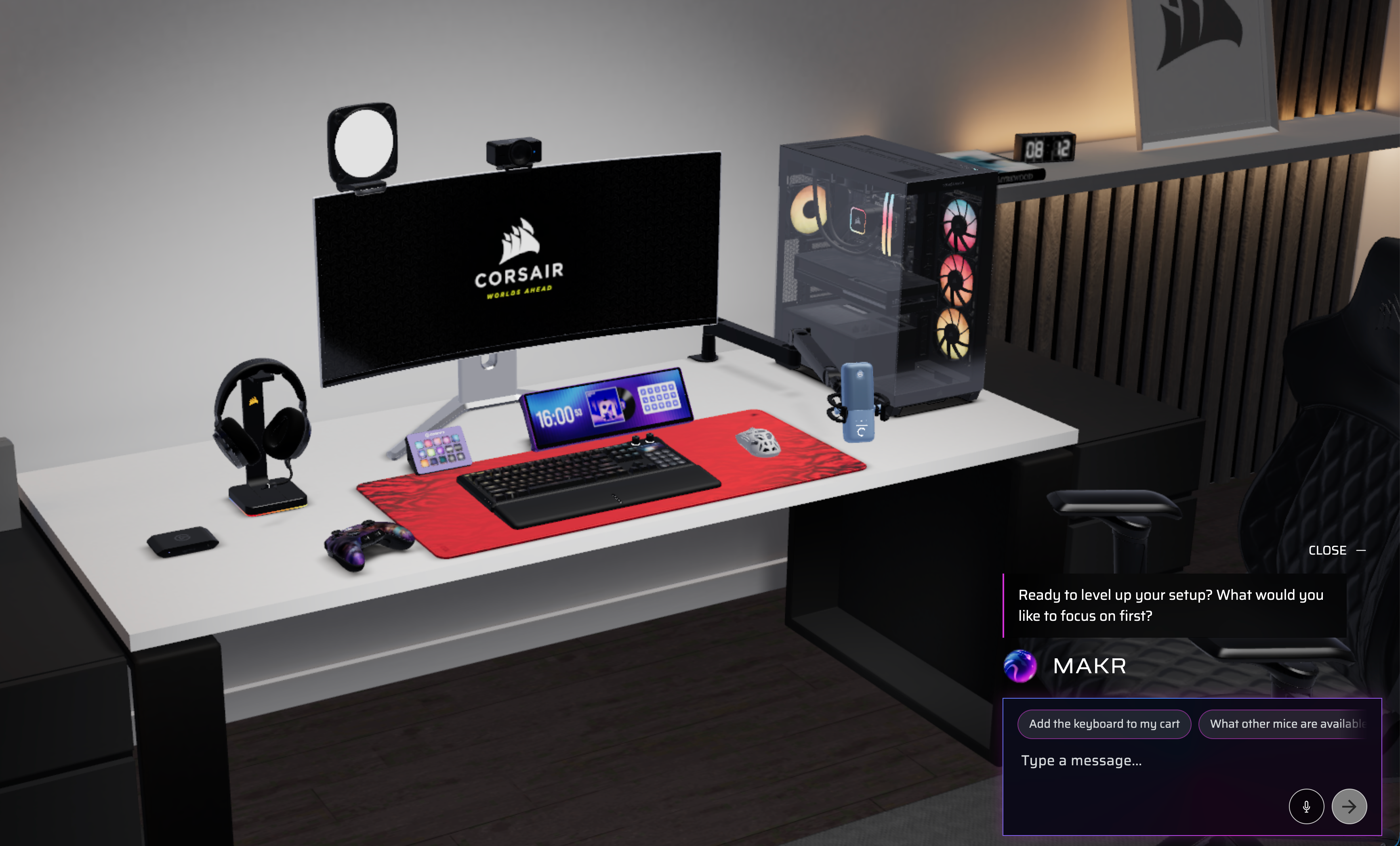 A desk setup in Corsair Atelier with mismatched product colors — black keyboard, white mouse, silver headset, various brands