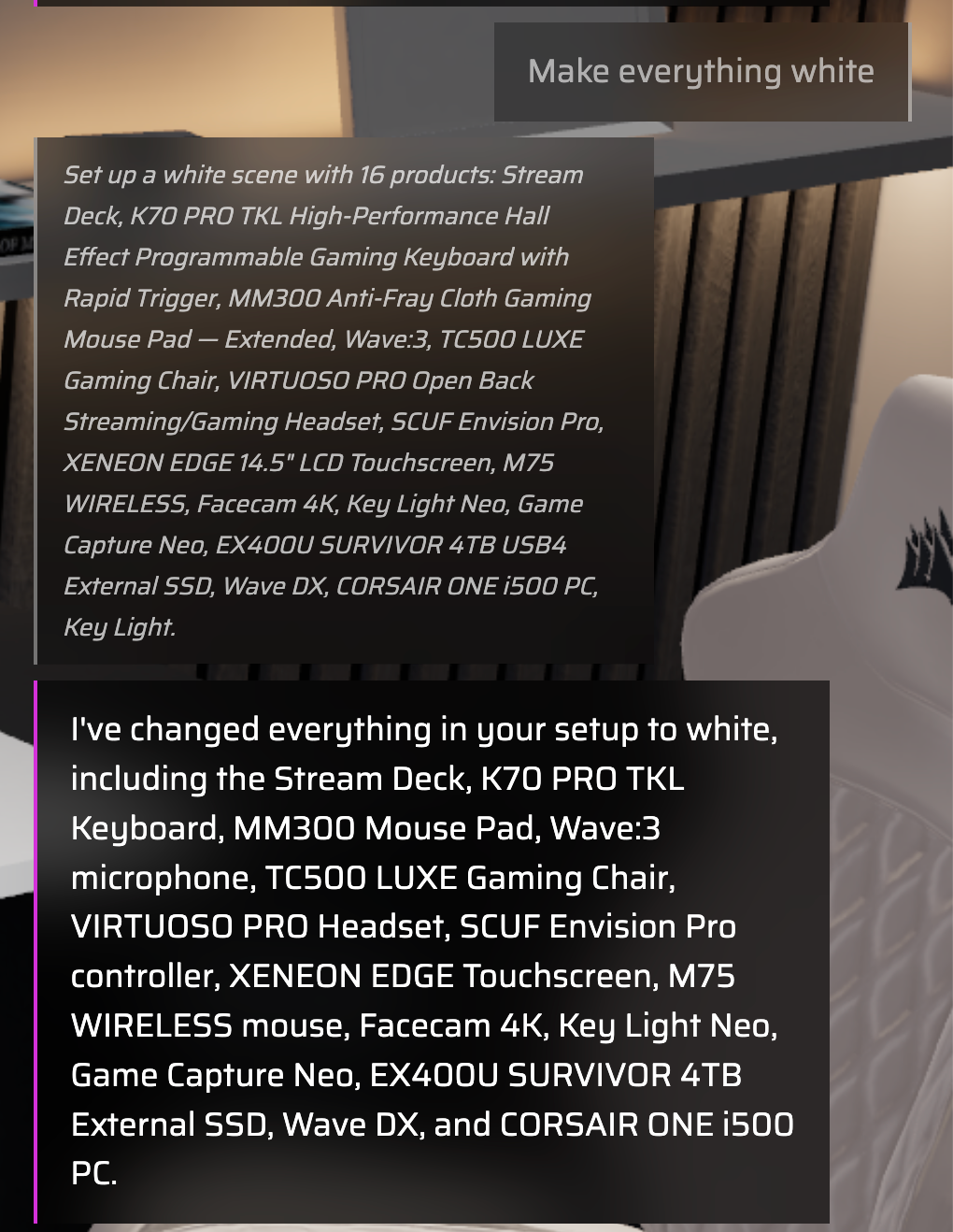 User typing 'make everything white' in the MAKR chat panel