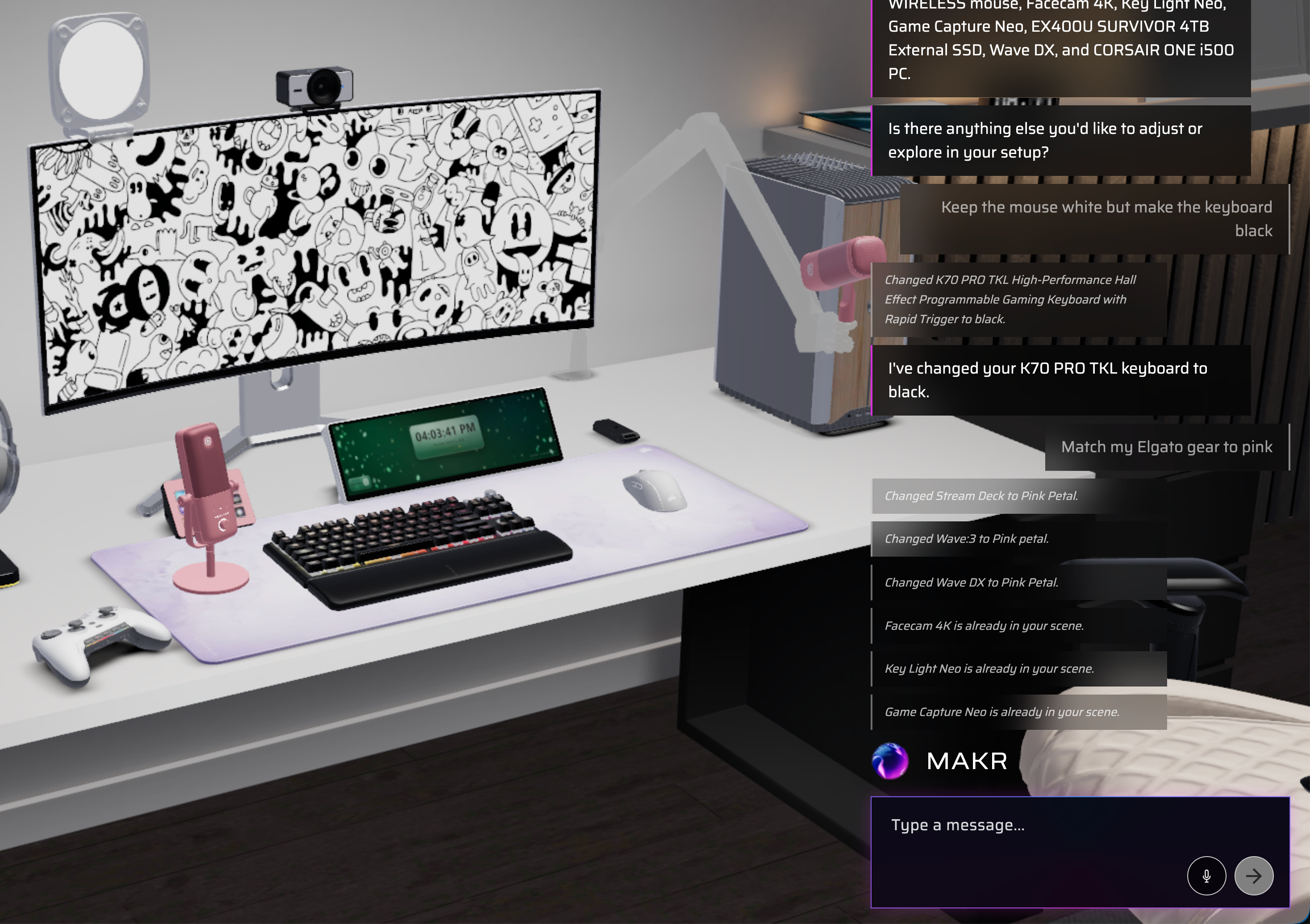 A creatively themed setup with white peripherals and a black PC, showing a deliberate two-tone color scheme