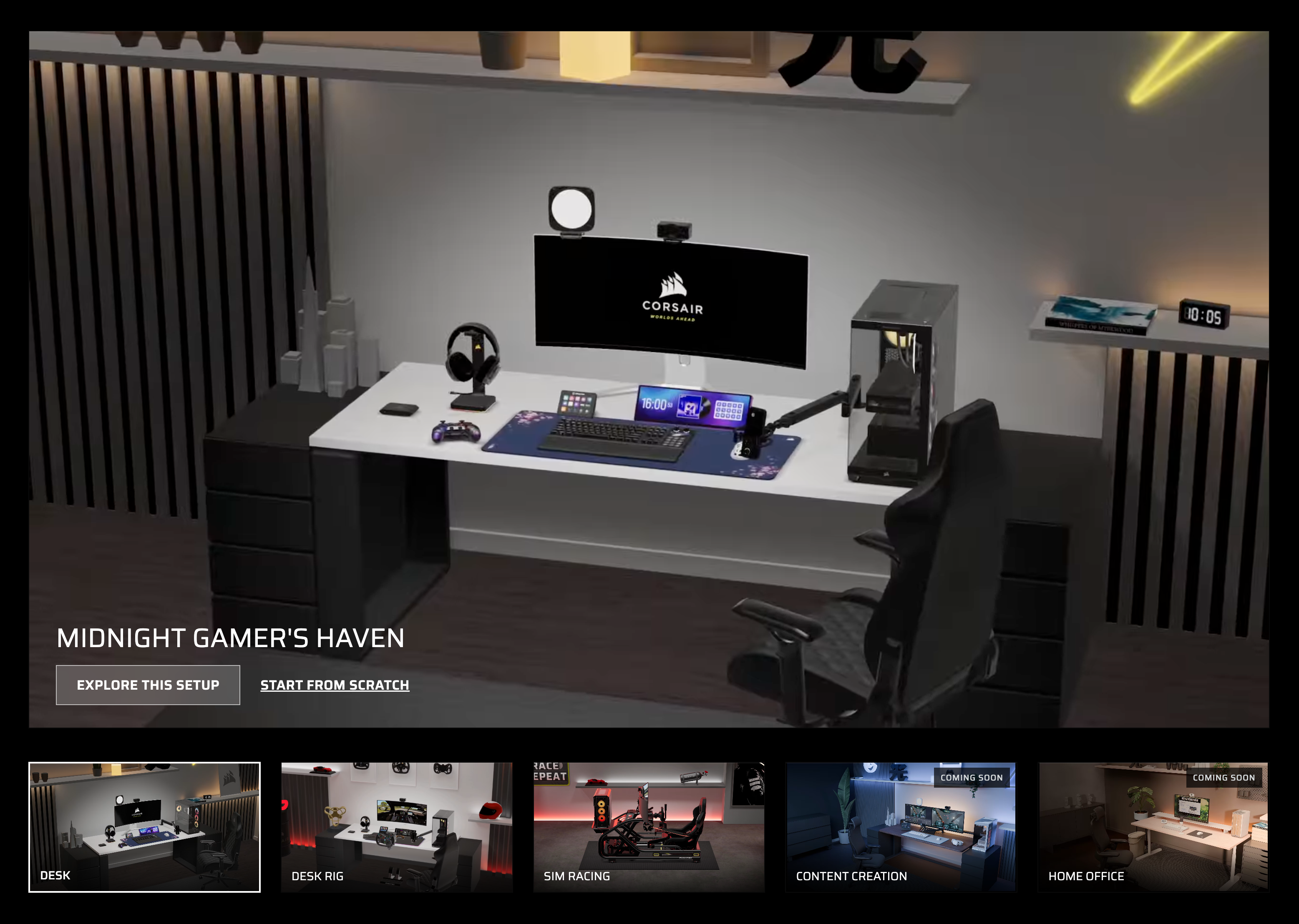 Corsair Atelier homepage showing the Midnight Gamer's Haven predefined scene with Explore This Setup and Start From Scratch buttons, plus scene type thumbnails for Desk, Desk Rig, Sim Racing, Content Creation, and Home Office