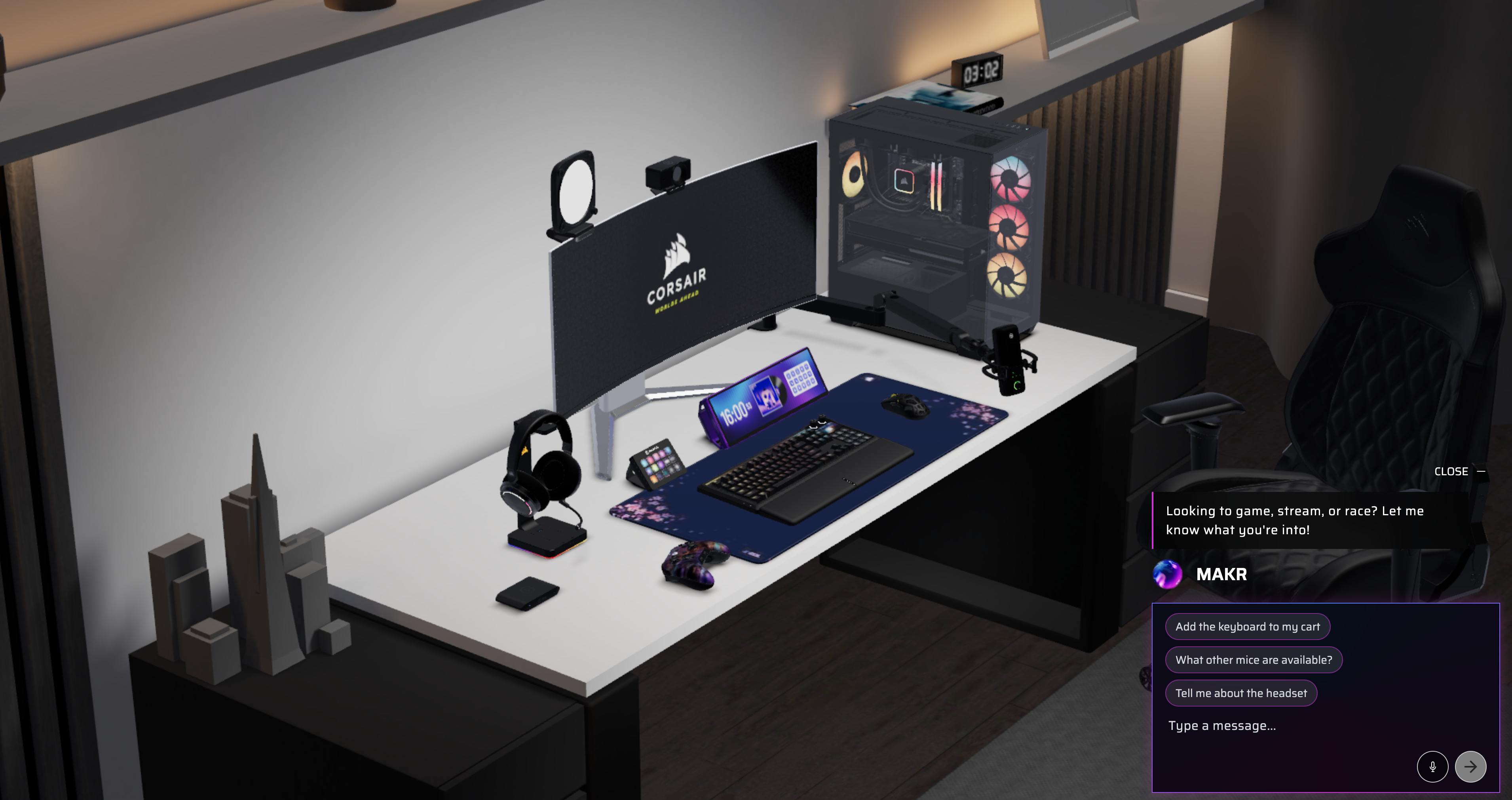 Full 3D desk setup in Corsair Atelier showing a gaming PC, monitor, keyboard, mouse, headset, and controller on a desk, with the MAKR chat panel open on the right offering contextual suggestions