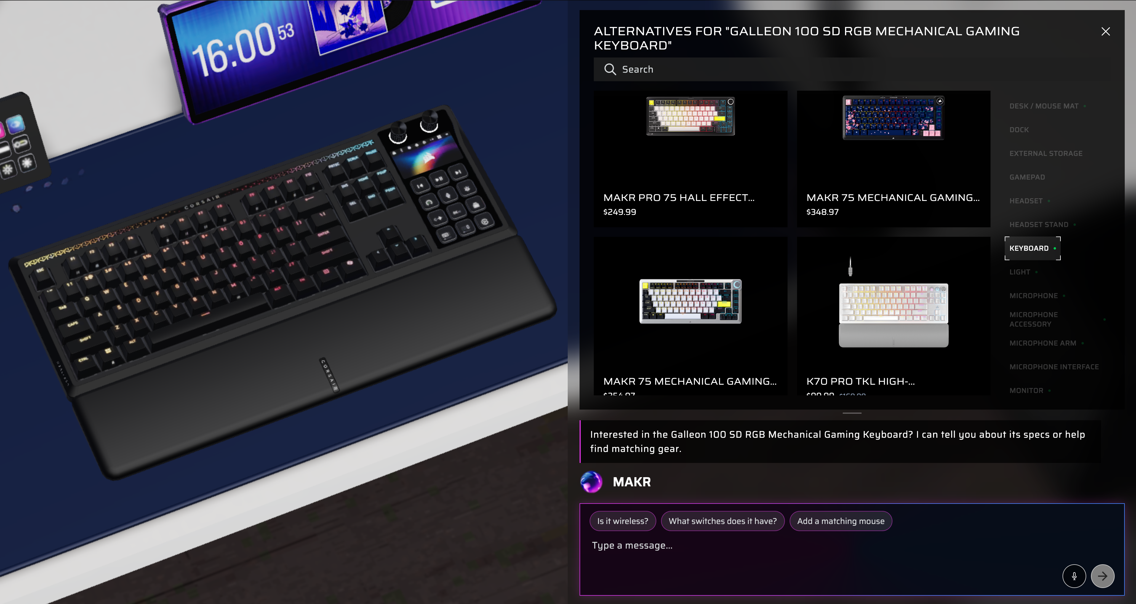 Product browser in Corsair Atelier showing keyboard alternatives with prices, while MAKR offers contextual suggestions like Is it wireless and What switches does it have