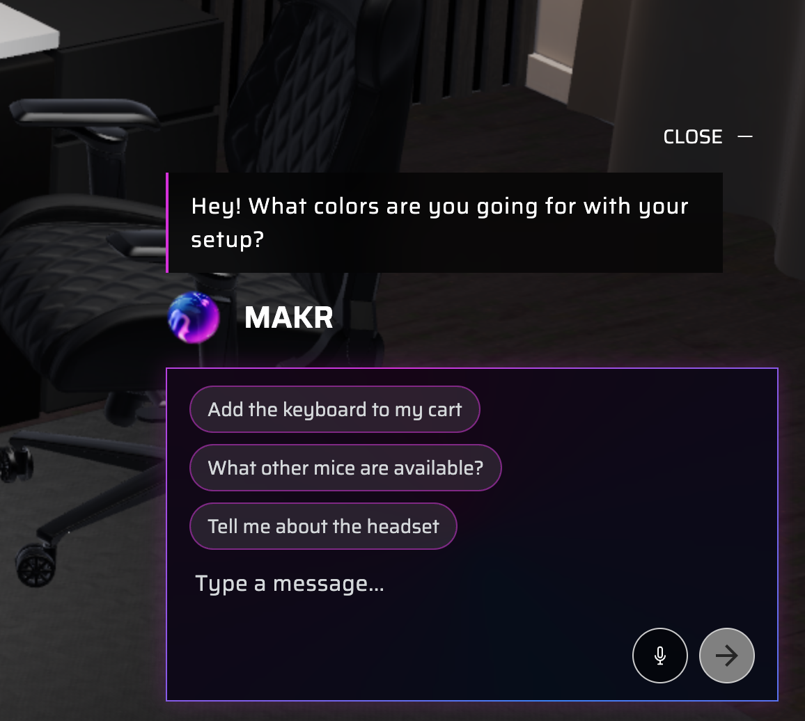 MAKR AI chat panel open in Corsair Atelier showing the greeting message Hey! What colors are you going for with your setup? with suggestion chips like Add the keyboard to my cart, What other mice are available, and Tell me about the headset