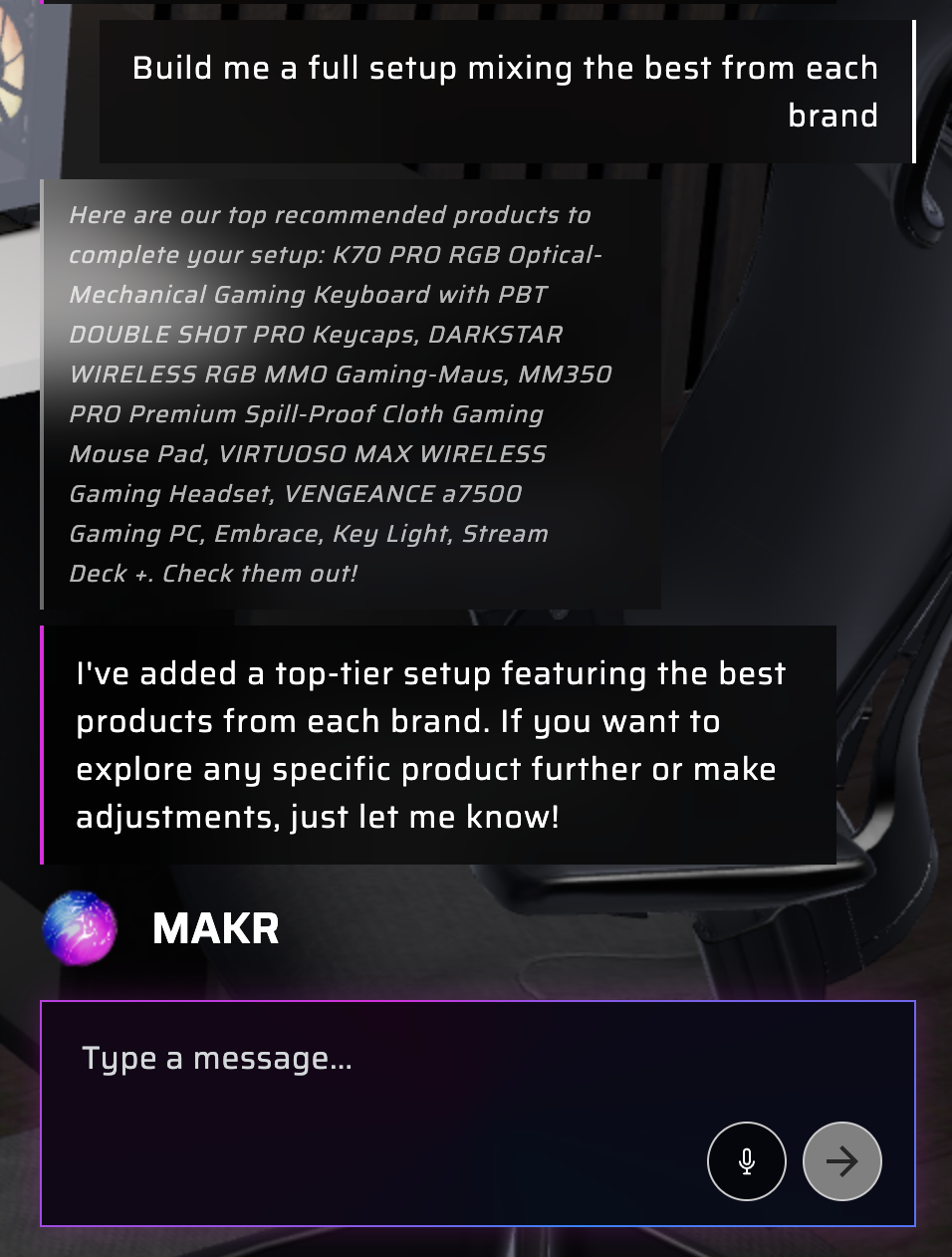 Close-up of MAKR's response showing a curated product list with items from Corsair, Elgato, and DROP including keyboards, mice, headsets, and streaming gear