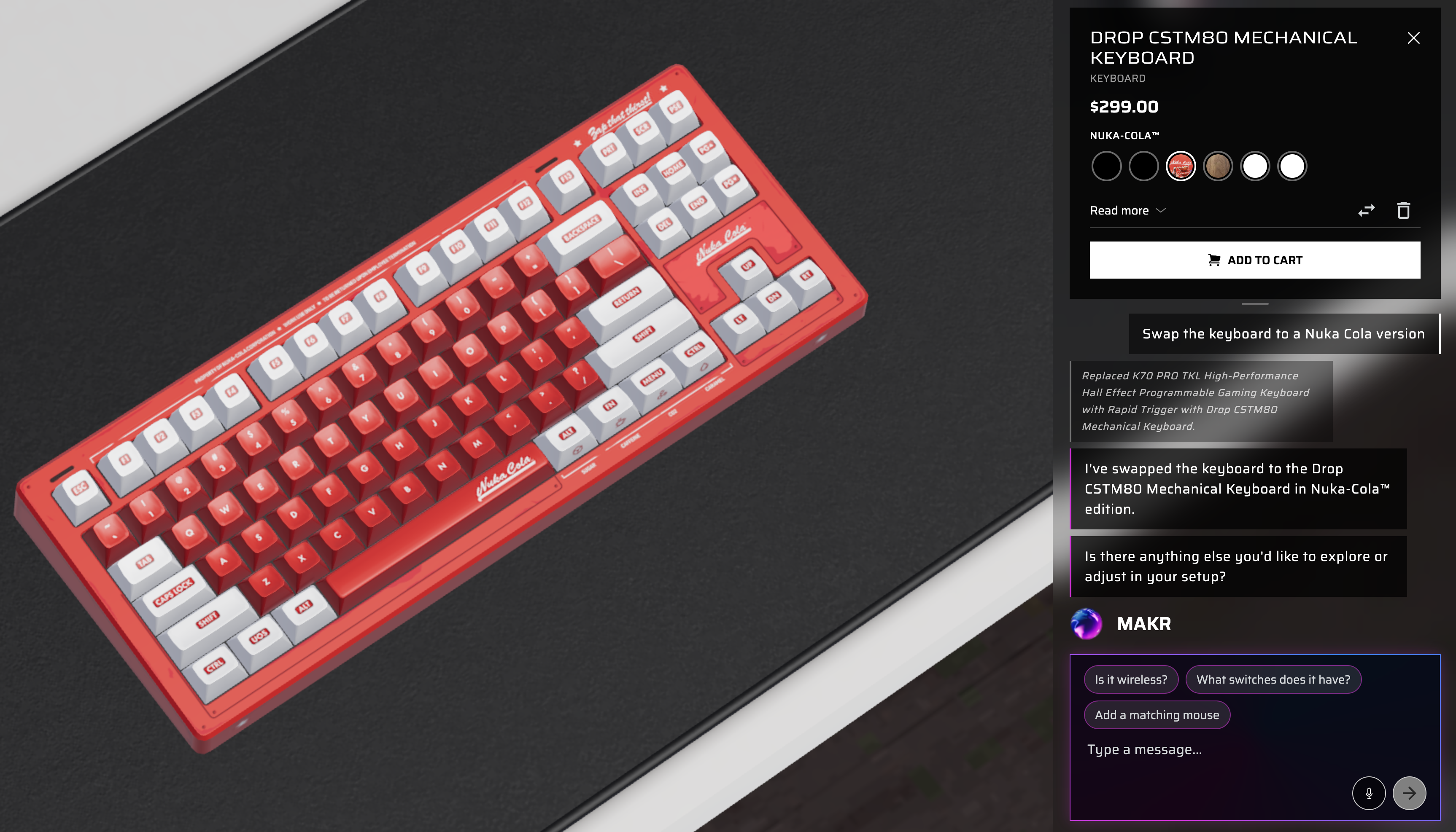 Corsair Atelier showing the Drop CSTM80 Mechanical Keyboard in Nuka-Cola edition at $299.00 after MAKR swapped it in, with the chat showing the swap confirmation and suggestion chips like Is it wireless and What switches does it have
