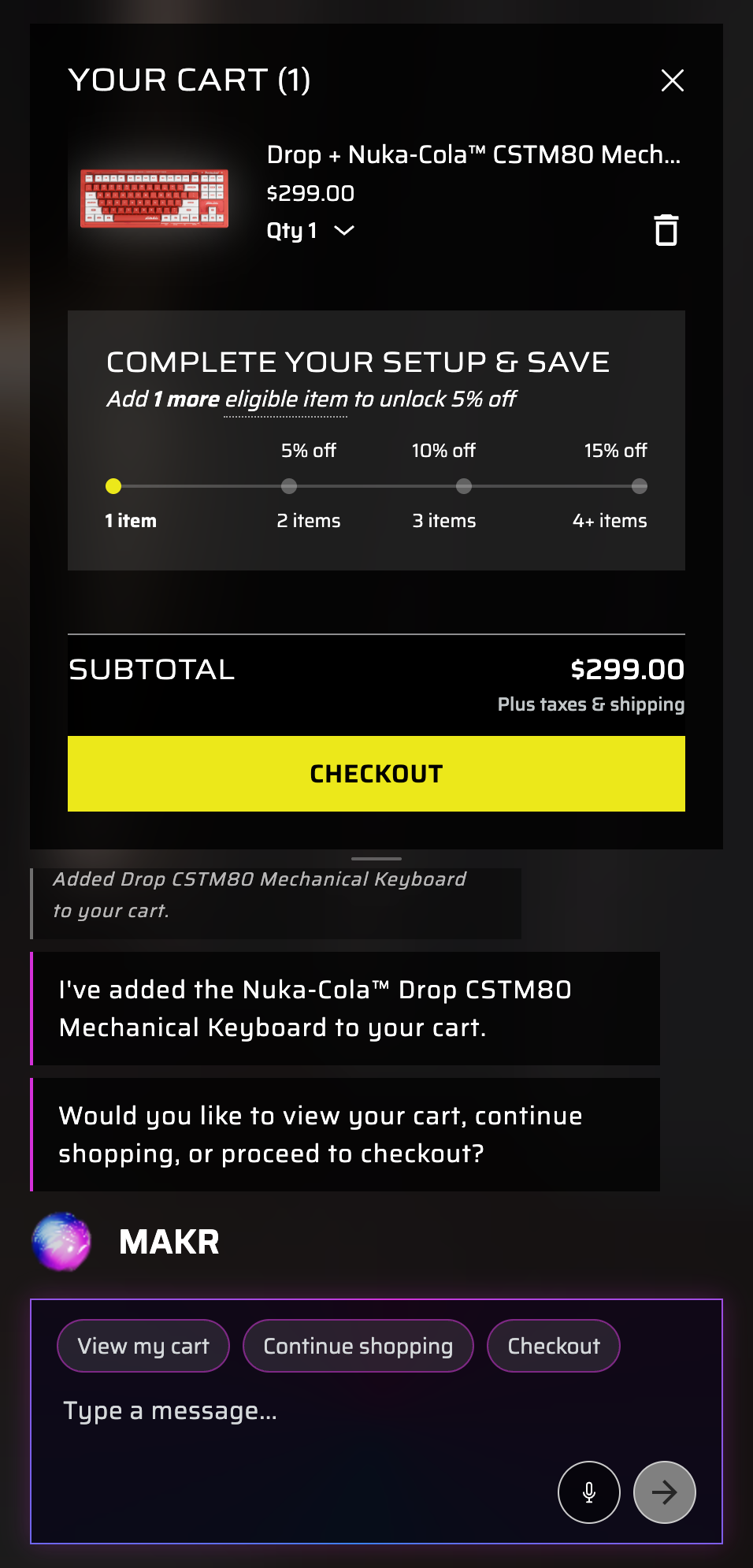 Shopping cart in Corsair Atelier showing the Drop Nuka-Cola CSTM80 Mechanical Keyboard at $299.00 with a Complete Your Setup and Save discount tier and yellow Checkout button, plus MAKR offering View my cart, Continue shopping, or Checkout options