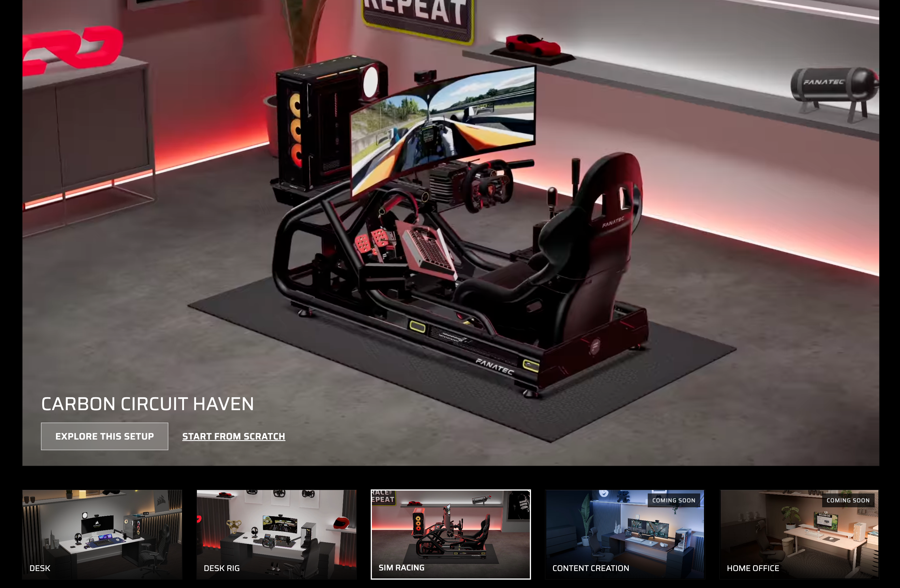 Corsair Atelier homepage showing the Carbon Circuit Haven predefined sim racing scene with a full Fanatec cockpit, triple monitors, and scene type thumbnails for Desk, Desk Rig, Sim Racing, Content Creation, and Home Office