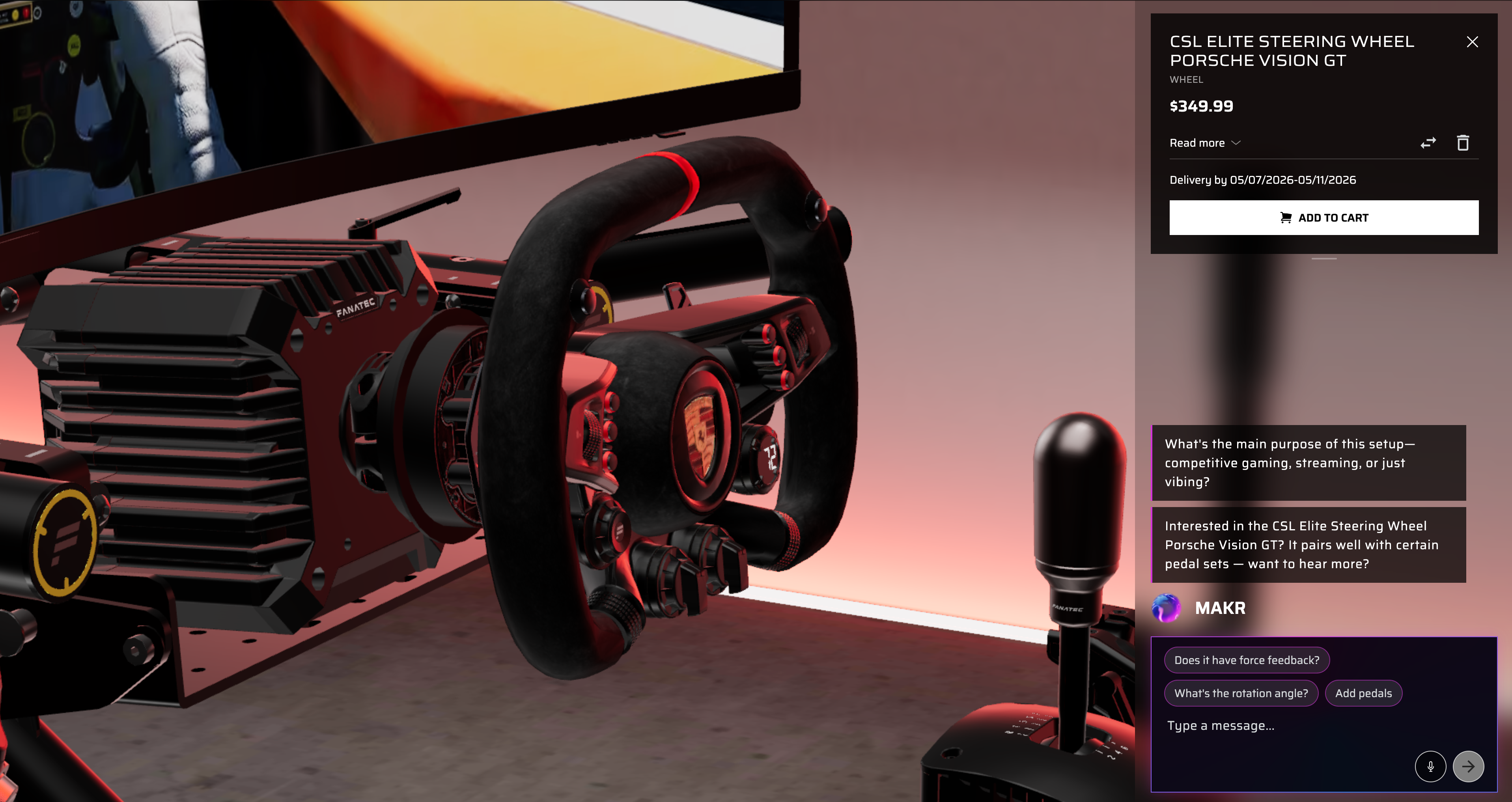 Close-up 3D view of the CSL Elite Steering Wheel Porsche Vision GT at $349.99 mounted on a Fanatec wheel base, with MAKR suggesting compatible pedal sets and offering contextual chips like Does it have force feedback and What's the rotation angle