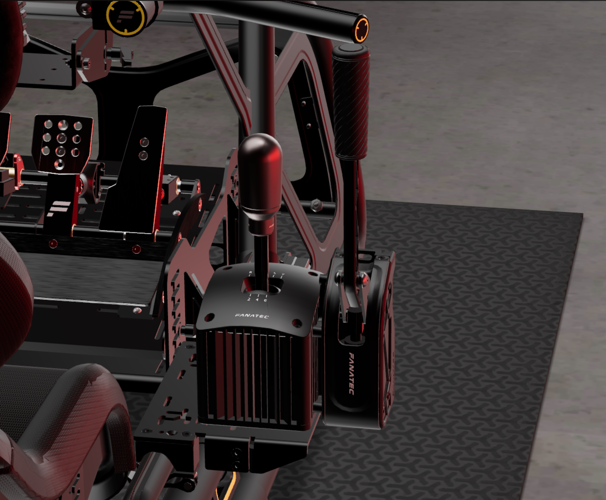 Close-up 3D view of a Fanatec shifter and handbrake mounted to the cockpit frame, with pedals visible in the background showing exactly how components attach to the rig
