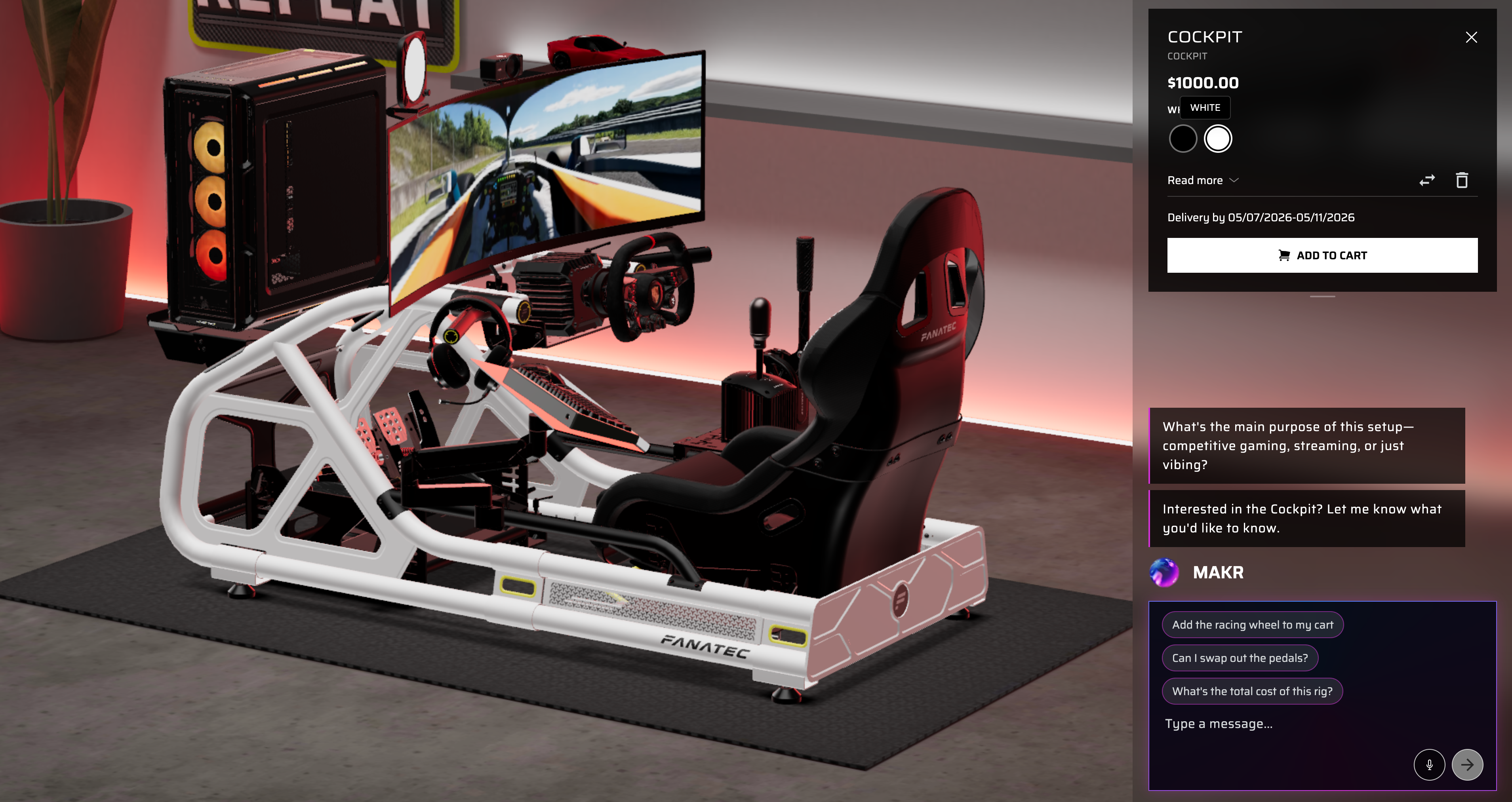 Complete Fanatec sim racing cockpit in white at $1,000 shown in 3D with triple monitors, wheel, seat, and all components assembled, with MAKR offering suggestions like Add the racing wheel to my cart, Can I swap out the pedals, and What's the total cost of this rig