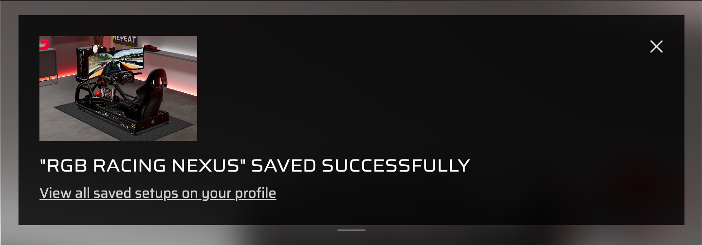 Save confirmation overlay showing RGB RACING NEXUS saved successfully with a thumbnail of the complete sim racing cockpit and a link to view all saved setups on your profile
