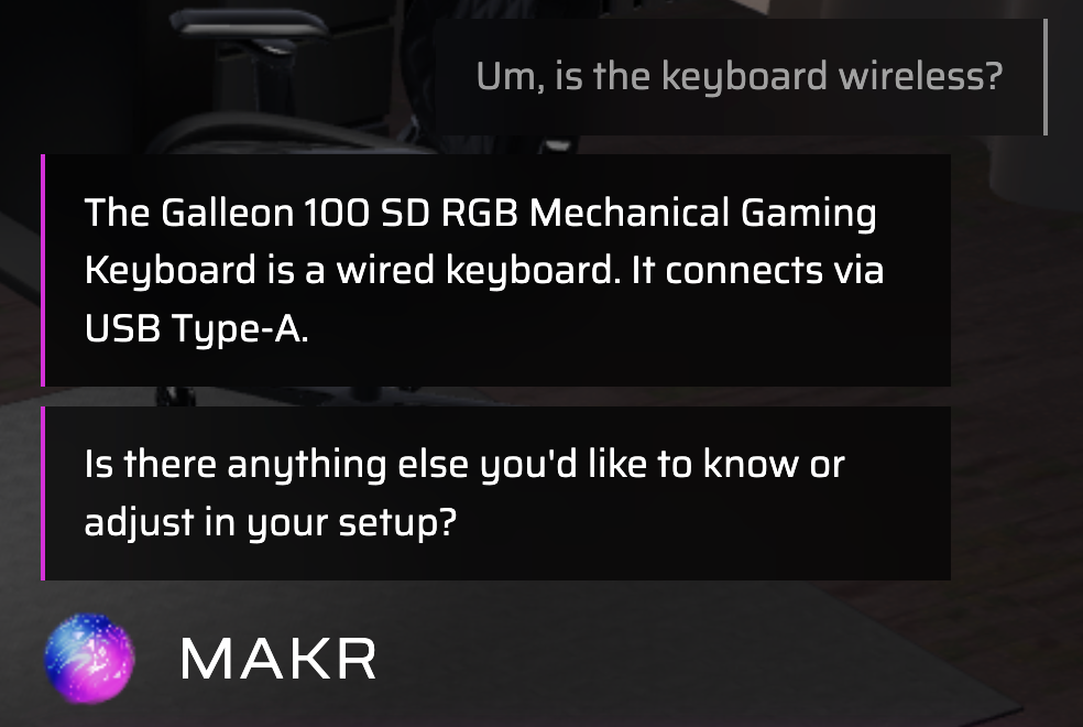 MAKR answering a product question with live pricing and specs while the user's setup is visible in the 3D scene