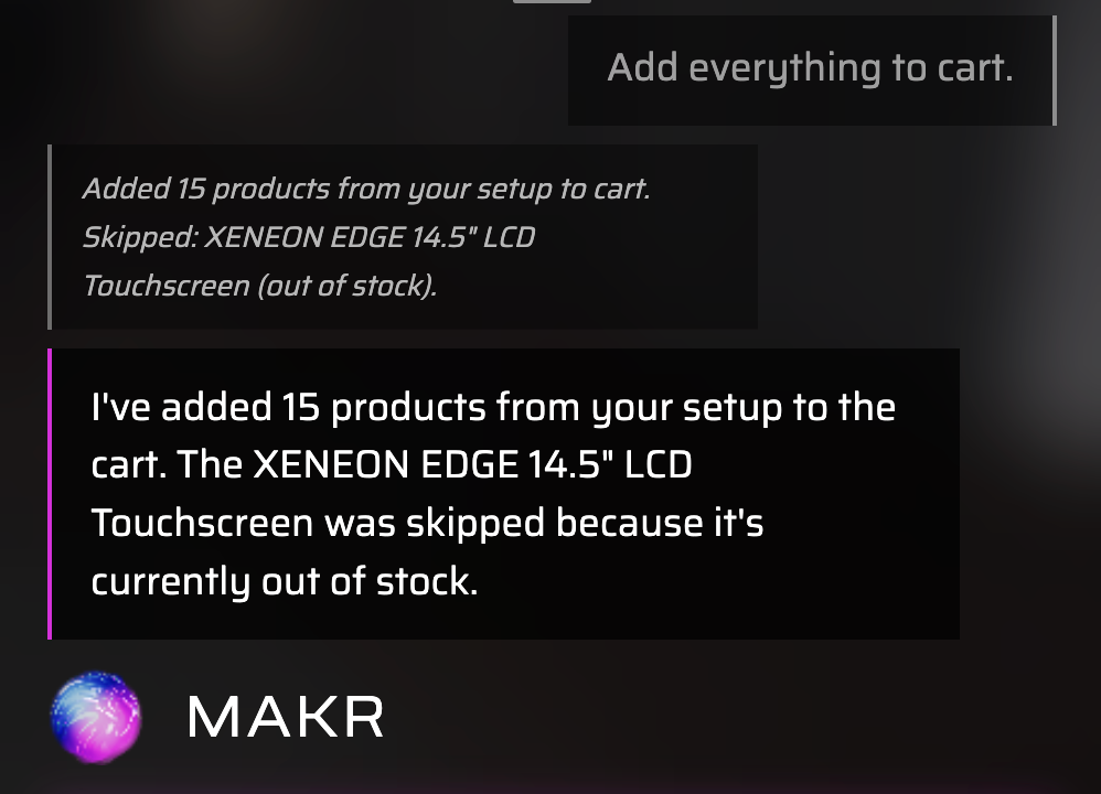 MAKR confirming that all products have been added to cart after the user's voice command